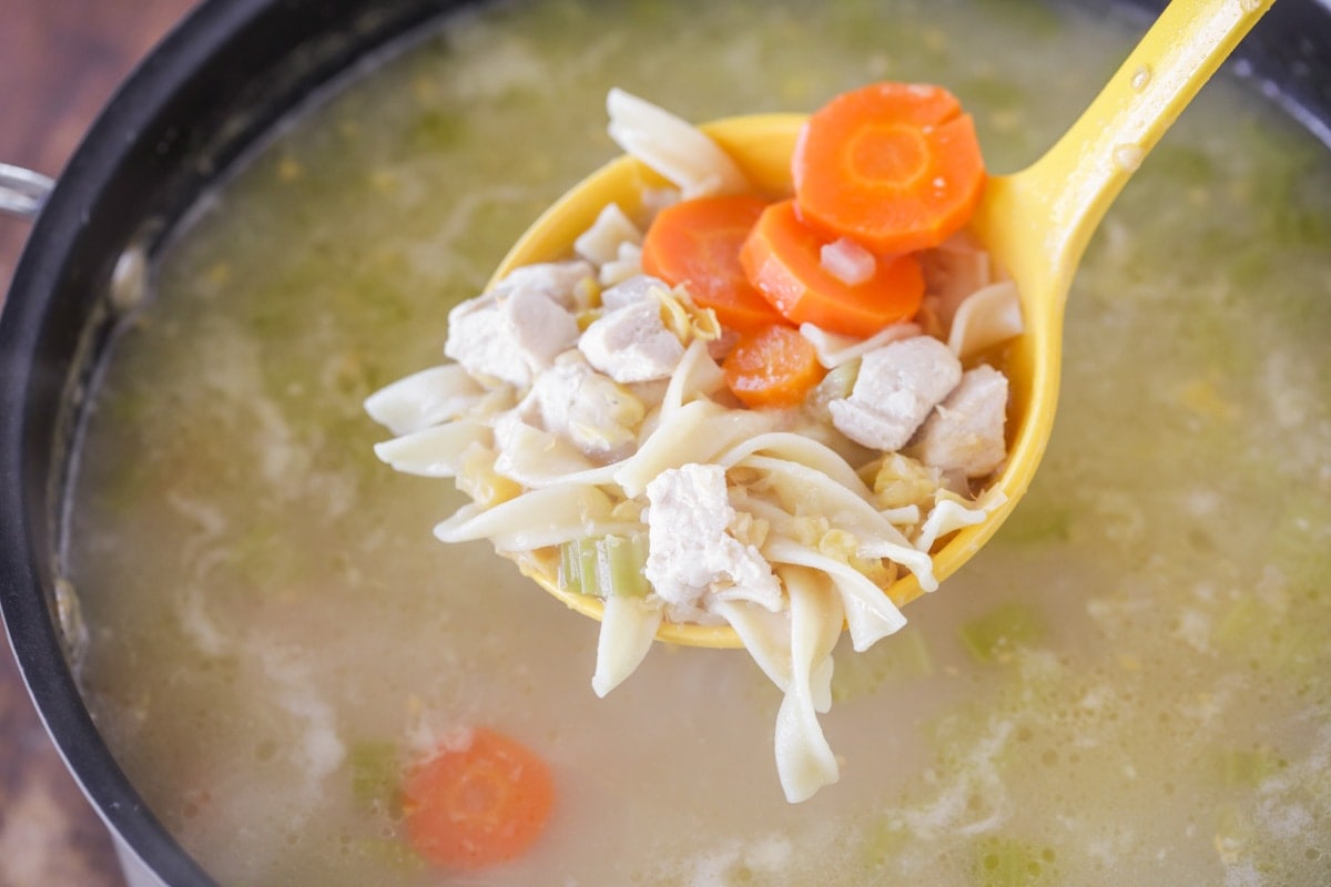 A ladle filled with shredded chicken, carrots, corn and celery above a pot of chicken corn soup.
