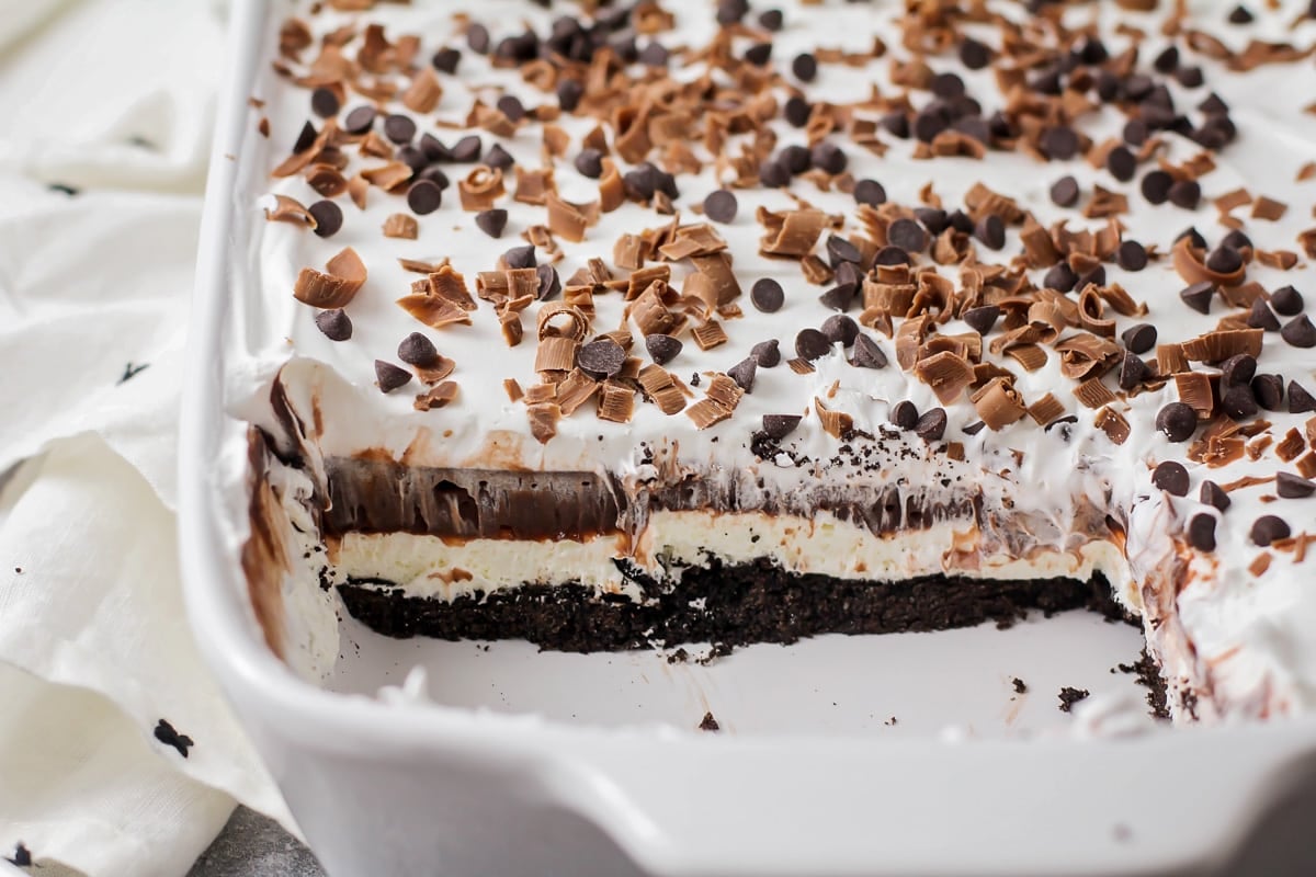 Cut pieces revealing the layers of chocolate lasagna.