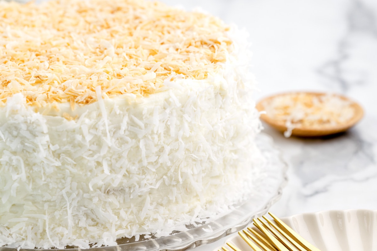 A cake frosted with coconut frosting and covered in coconut.