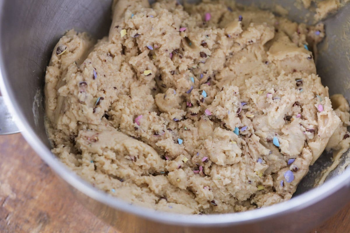 Cookie dough with chopped M&M's mixed in.