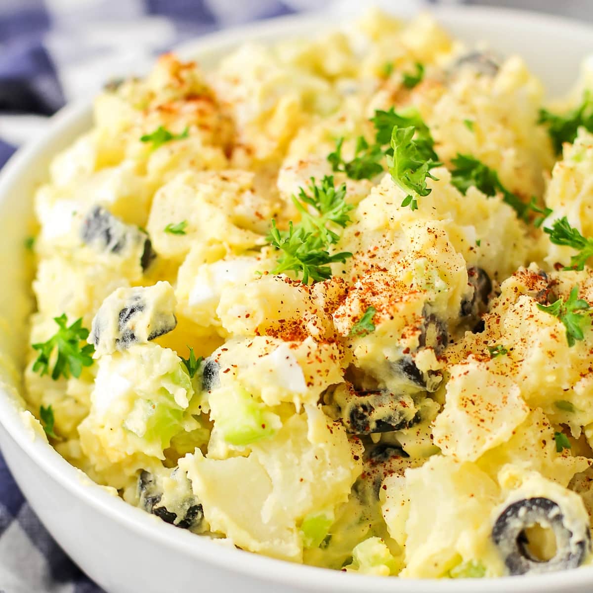 Close up of a bowl filled with instant pot potato salad.