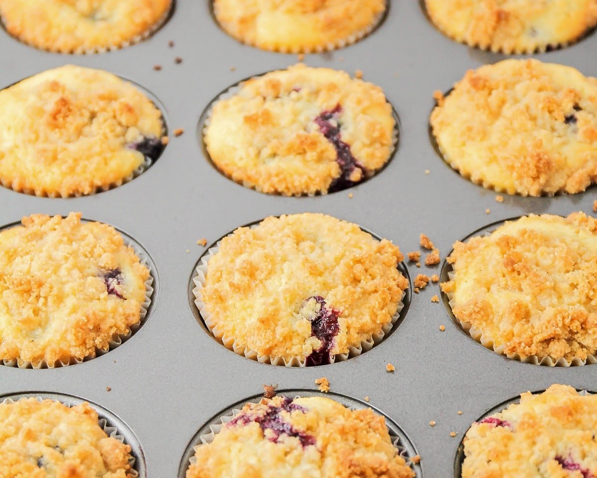 Baked muffins in a tin.