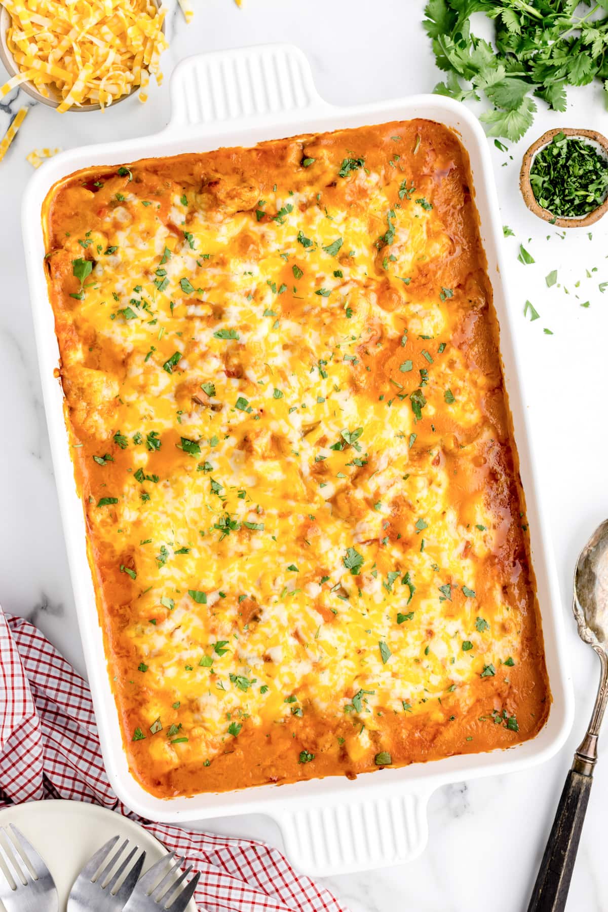 Top view of a Mexican casserole baked and cheesy.