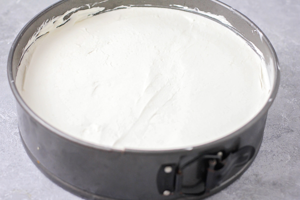 No bake cheesecake filling spread in a spring form pan.