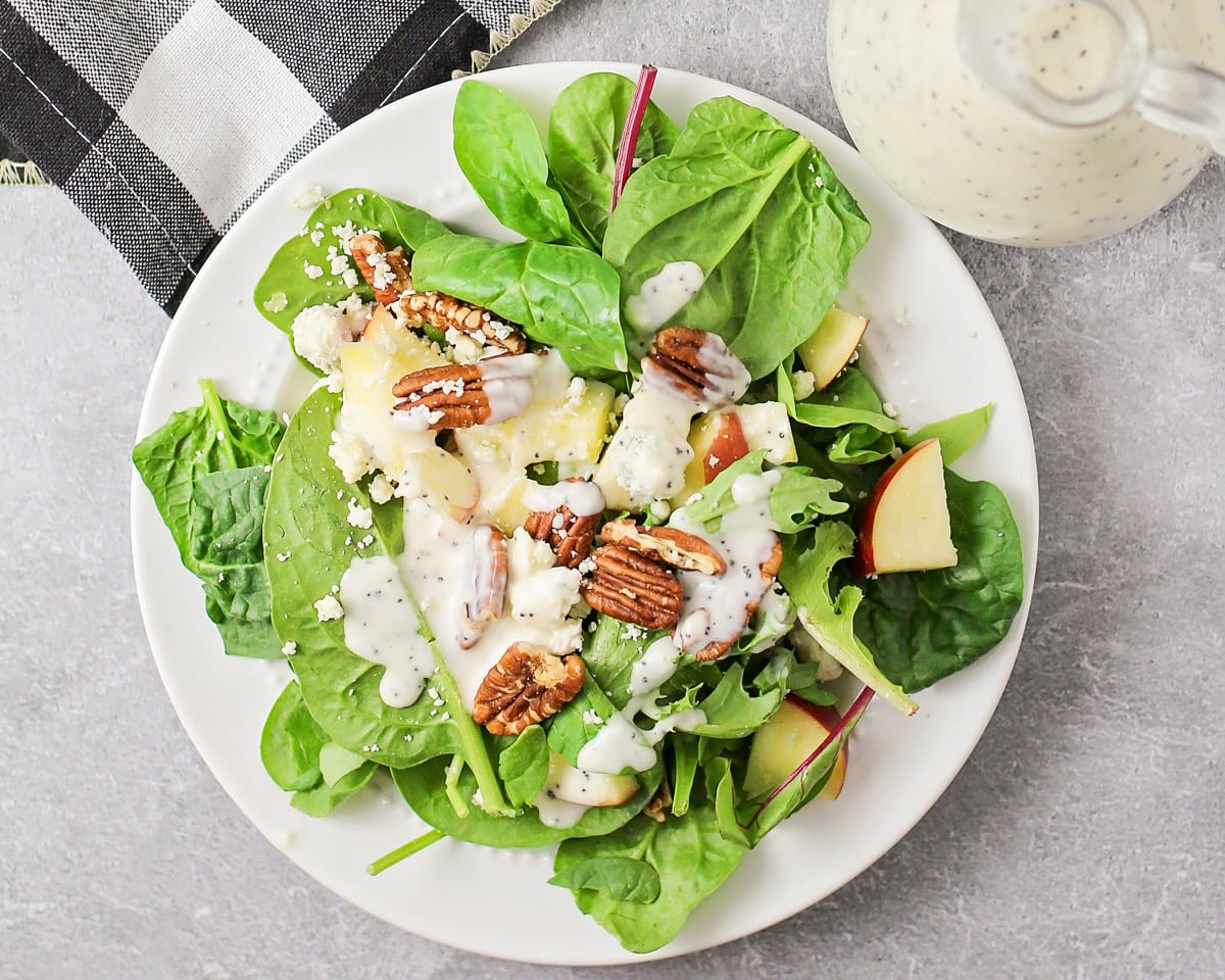 A bed of greens topped with pecans, diced apples, feta cheese and poppy seed dressing.