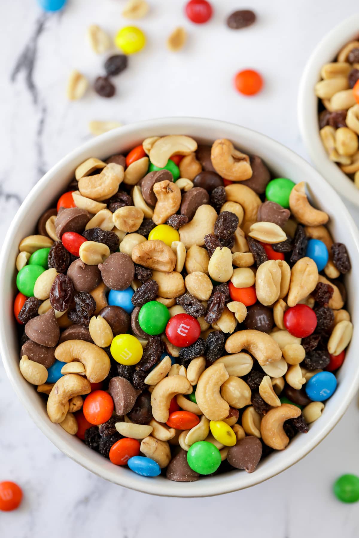 Top view of a bowl filled with trail mix recipe.