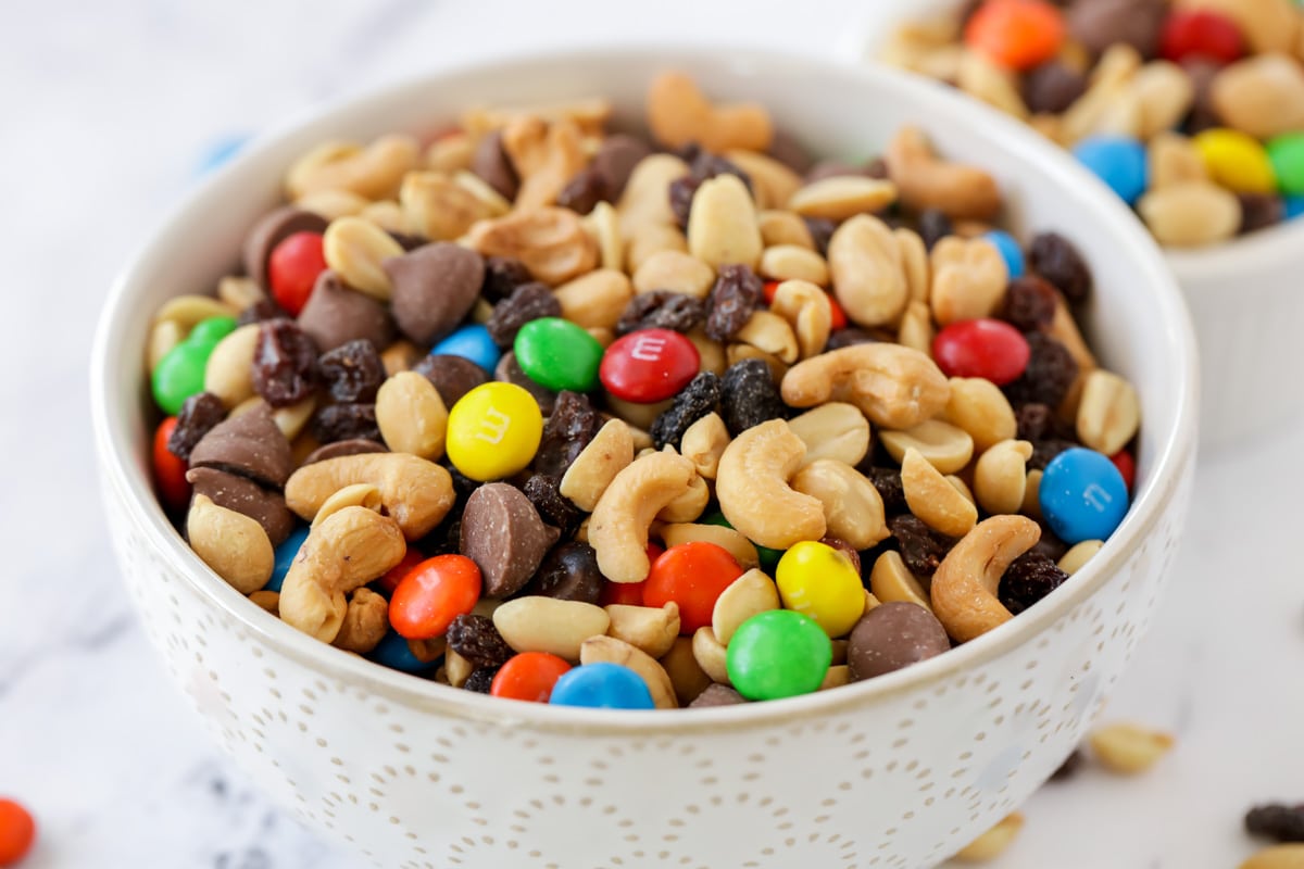Close up of a bowl filled with trail mix recipe.