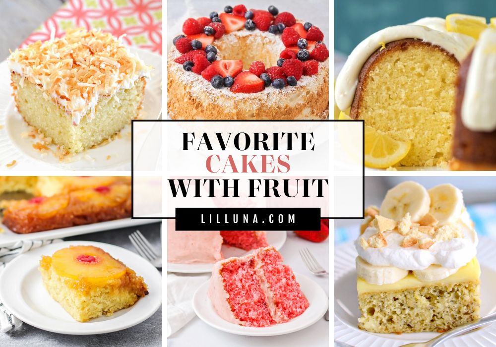 A collage of cakes with fruit.