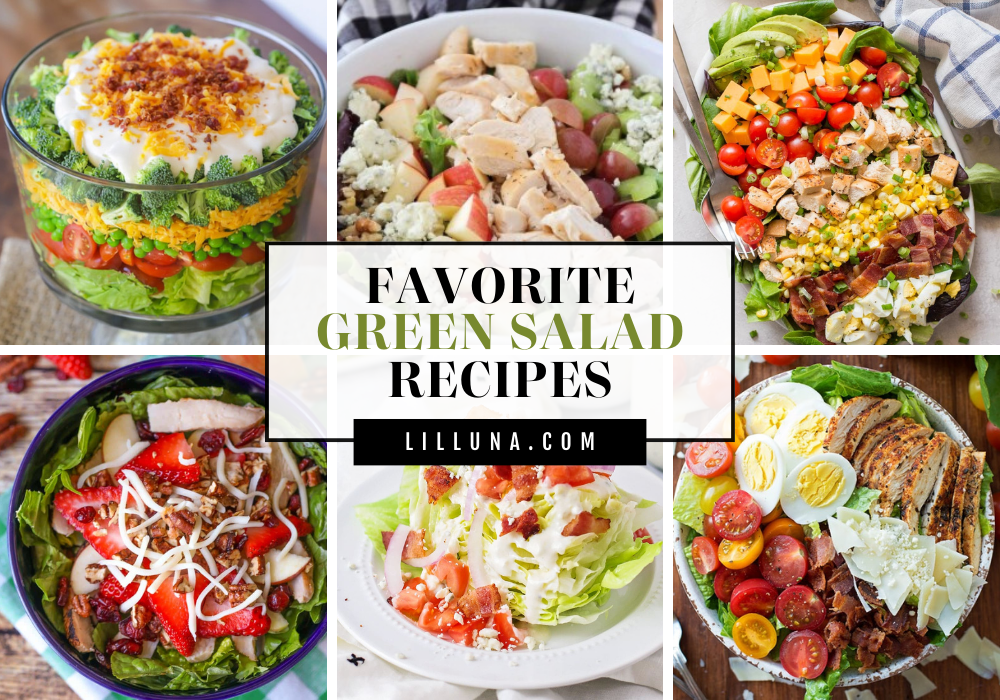 A collage of green salad recipes.