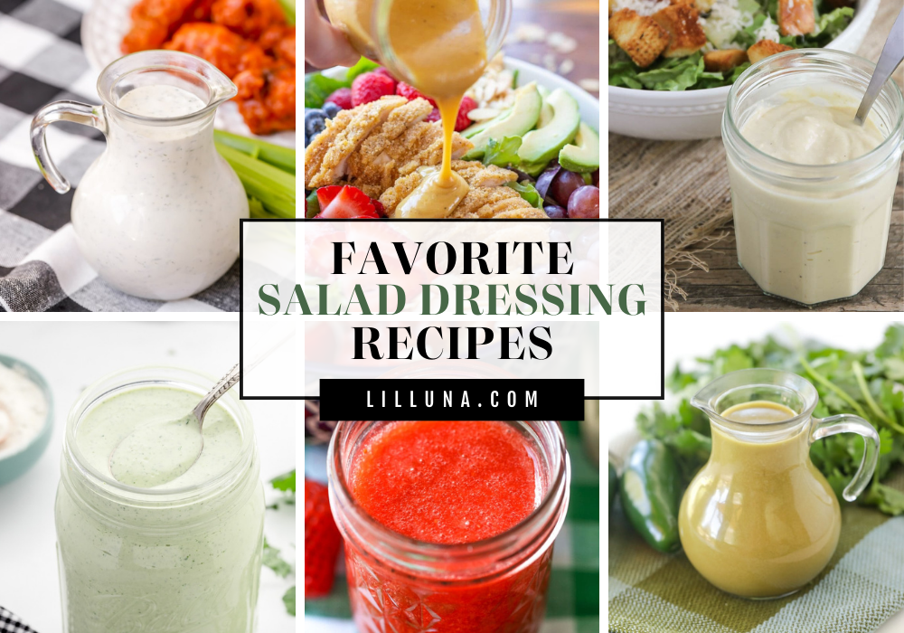 A collage of homemade salad dressing recipes.
