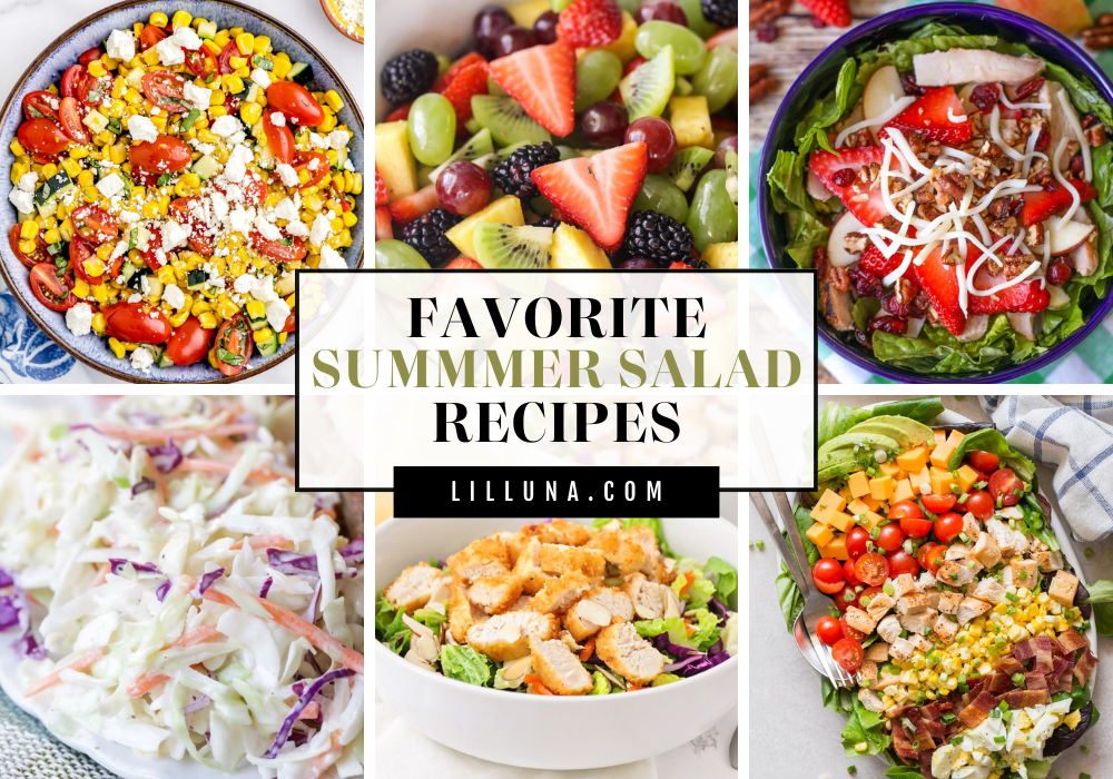 A collage of summer salad recipes.