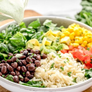 A burrito bowl topped with fresh veggies with a dressing being added.