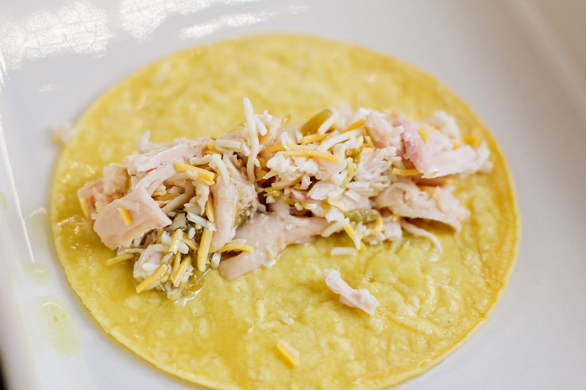 A corn tortilla topped with a chicken mixture.