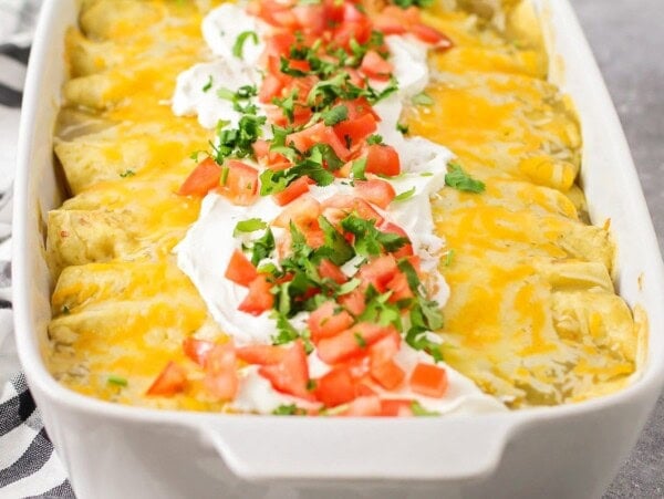 Pan of cream cheese chicken enchiladas.