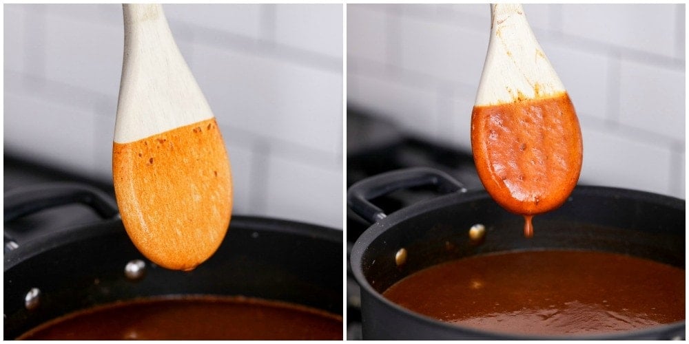Two wooden spoons dipped in enchilada sauce, coating the spoon.