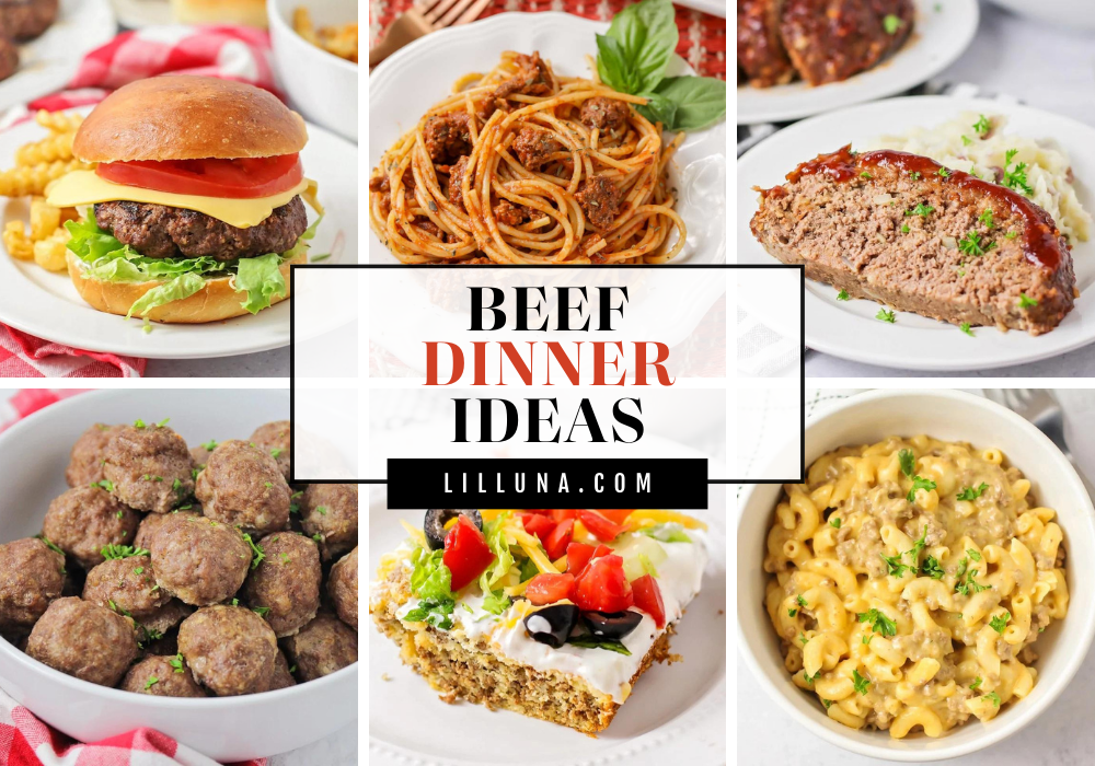 Collage of beef dinner ideas.