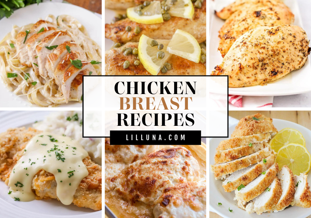 Collage of chicken breast recipes.