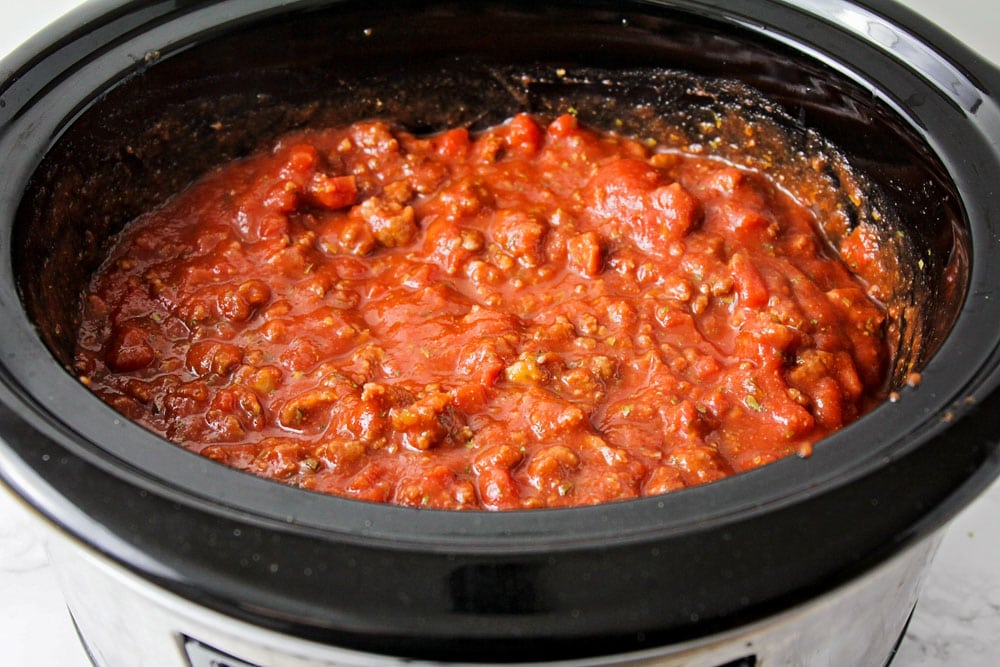 Meat for crockpot spaghetti in slow cooker.