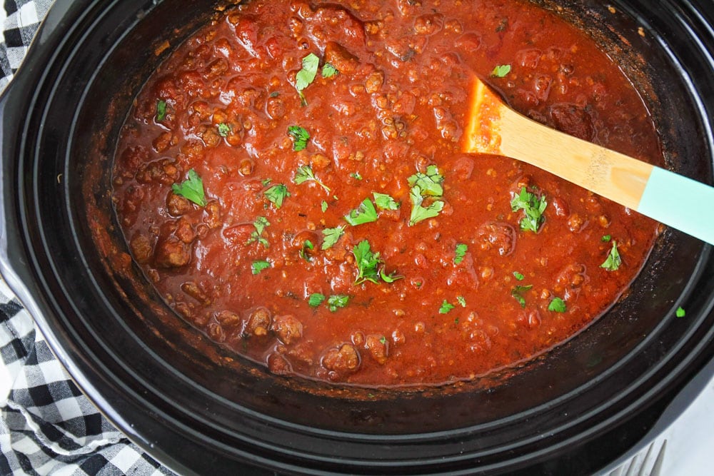 Spaghetti sauce in crock pot.