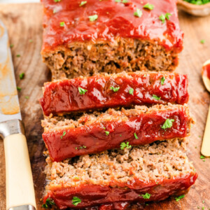 Sliced Lipton onion soup meatloaf covered in a tangy ketchup glaze.