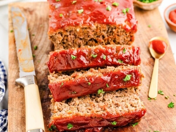 Sliced Lipton onion soup meatloaf covered in a tangy ketchup glaze.