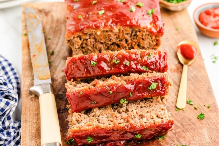 Sliced Lipton onion soup meatloaf covered in a tangy ketchup glaze.