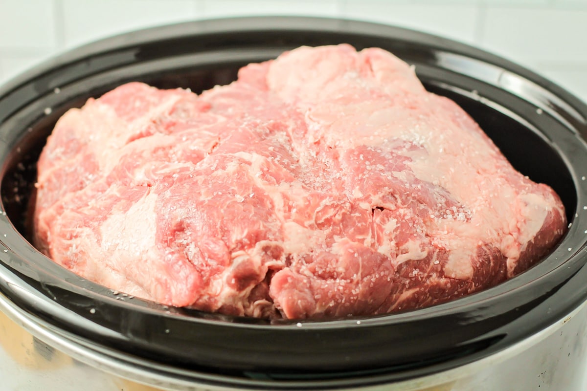 A pork butt in a crock pot.
