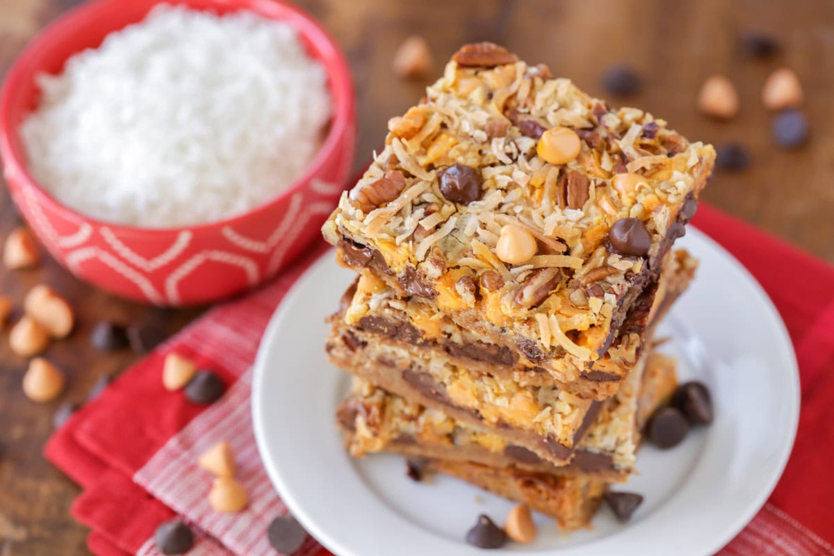 7 Layer Bars stacked on top of each other on white plate.