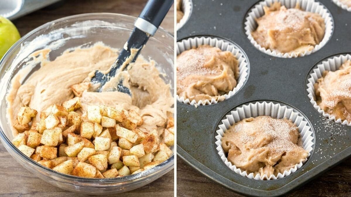 Stirring apples into muffin batter and filling a muffin tin.