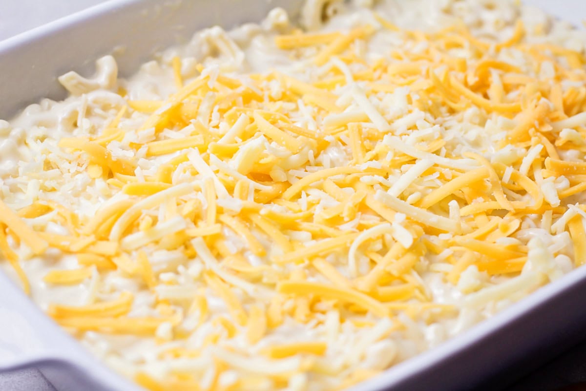 Chick Fil A Mac and Cheese in a baking dish ready to bake.