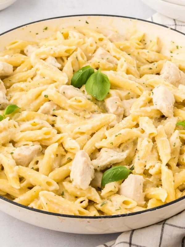 Bowl of chicken penne pasta.