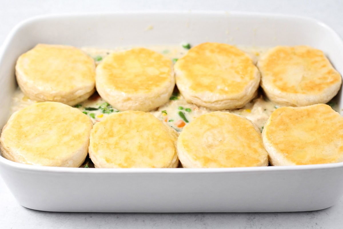 A chicken pot pie casserole ready to bake.