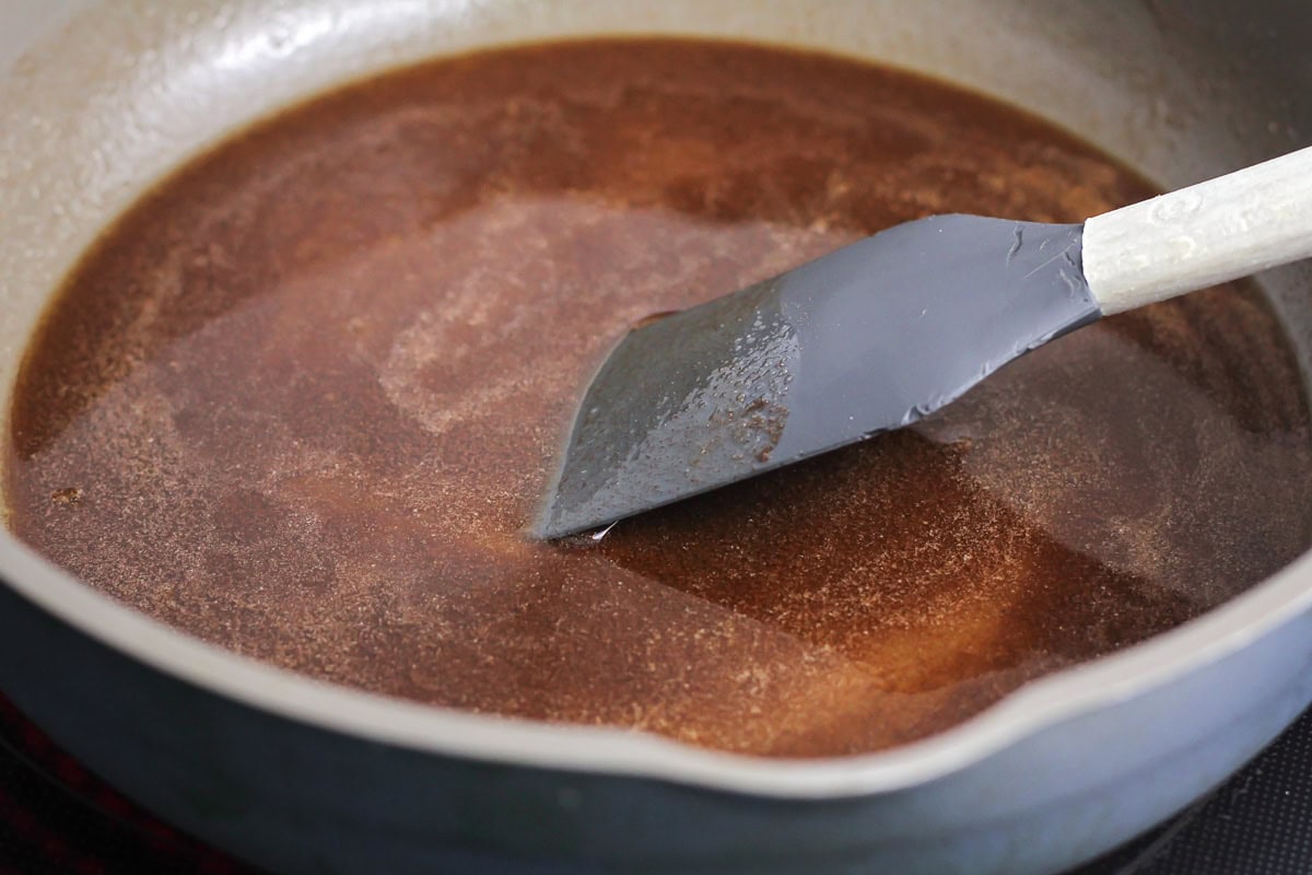 Melted butter and sugar in a pan.