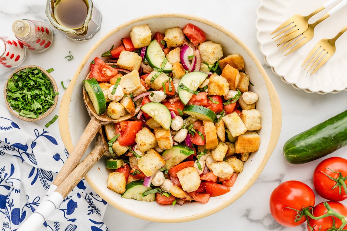 A bowl of panzanella salad.