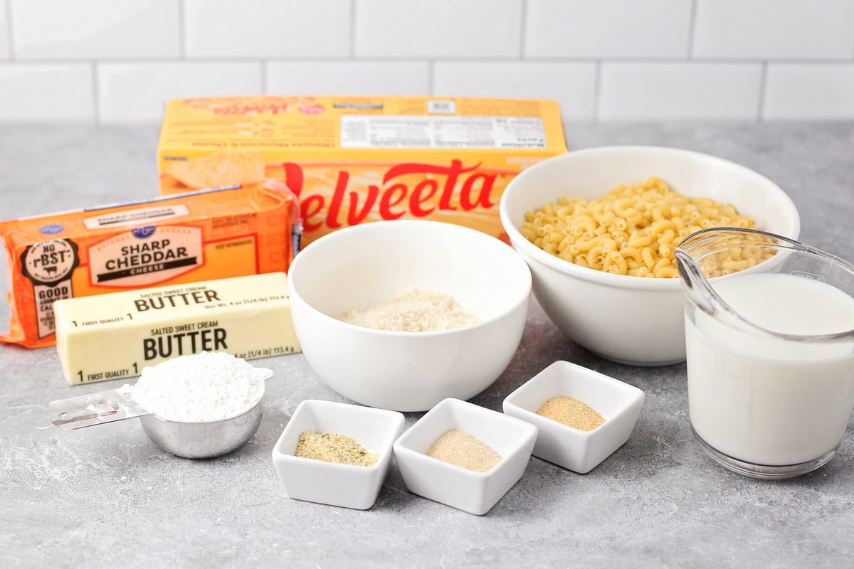 Ingredients for velveeta mac and cheese on a kitchen counter.