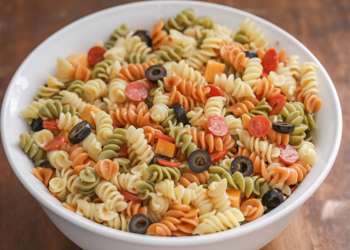 Easy Pasta Salad recipe with Italian Dressing served in bowl.