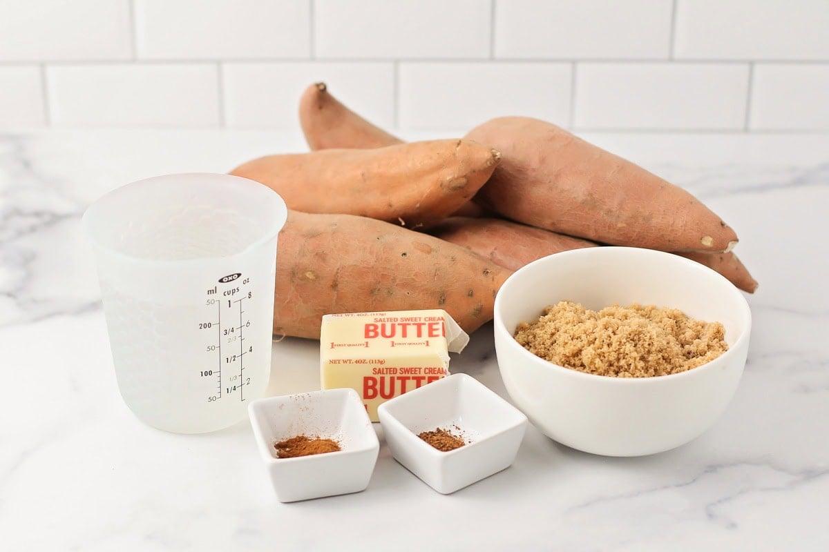 Ingredients for candied yams on a kitchen counter.