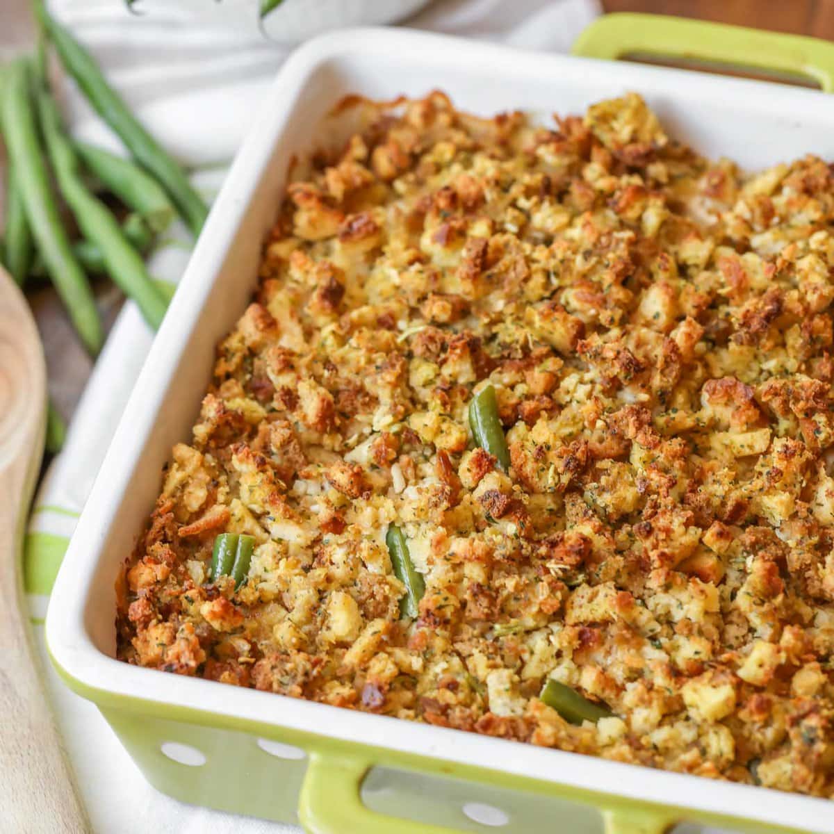 Chicken green bean casserole in a baking dish.