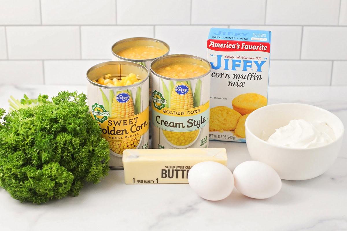 Ingredients for corn souffle on a kitchen counter.