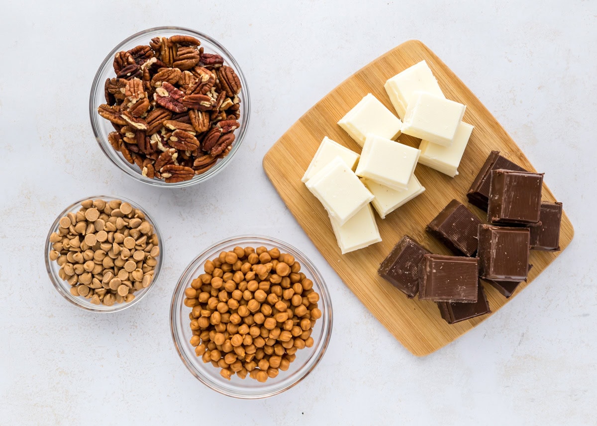 Ingredients for crockpot candy on a kitchen counter.