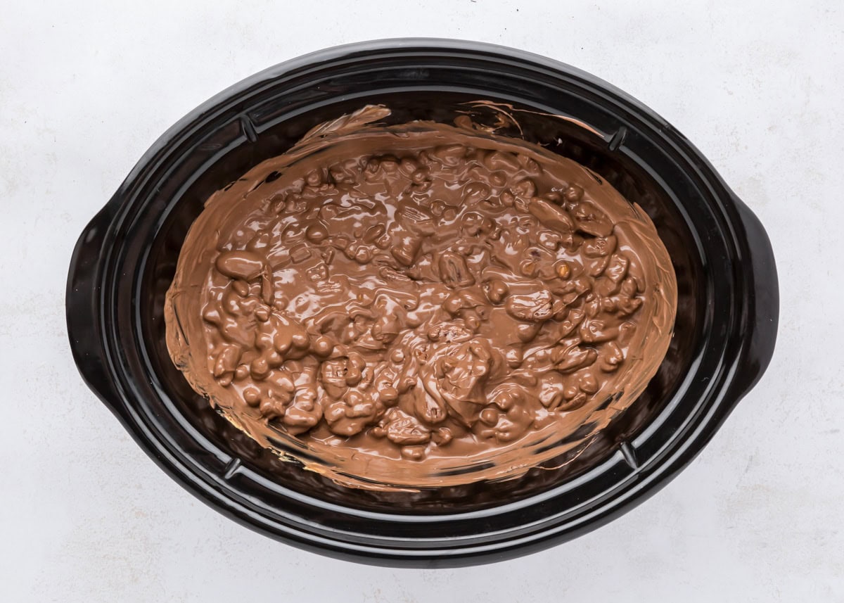 Melted chocolate mixture in a slow cooker.