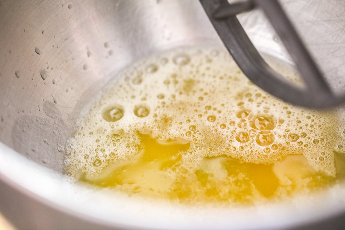 Browned butter in Kitchen-Aid bowl.