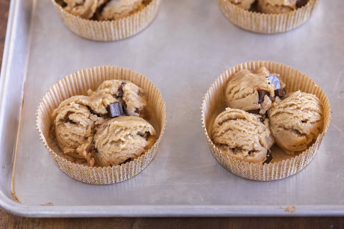 Cookie dough scoops in liner for num num cookies.