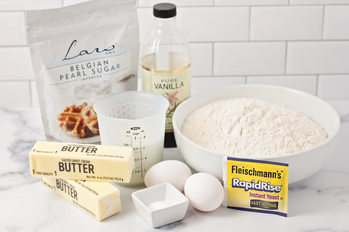 Ingredients for liege waffles on a kitchen counter.