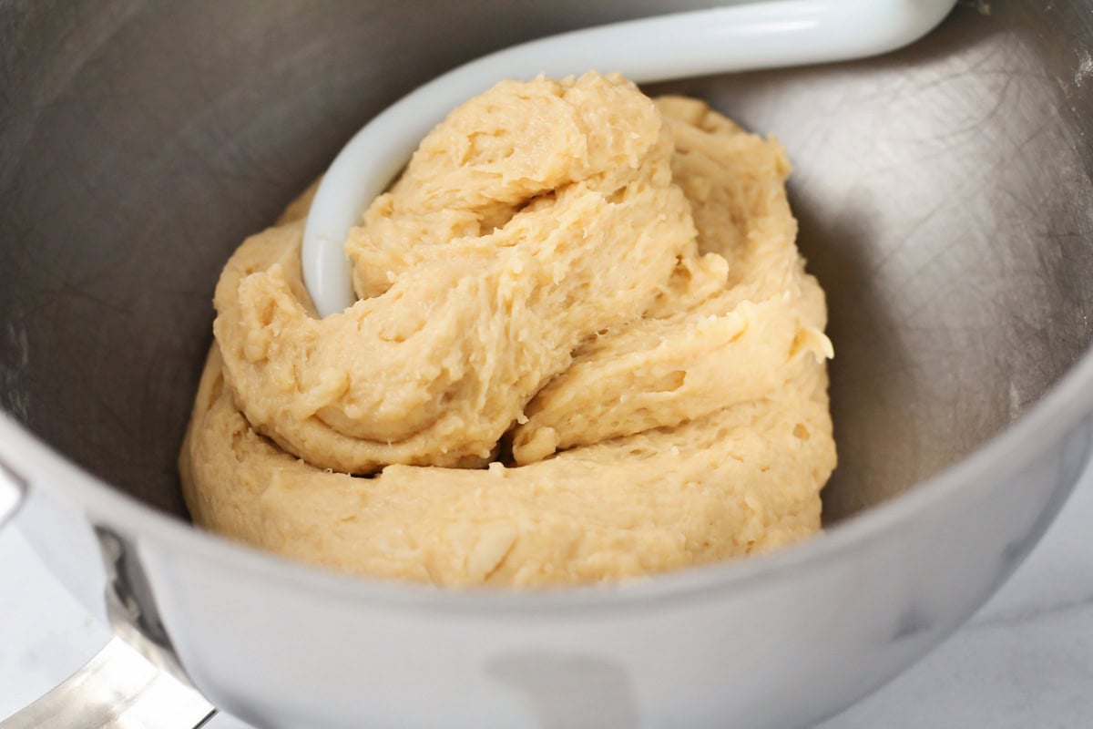 A yeast batter in a mixing bowl.