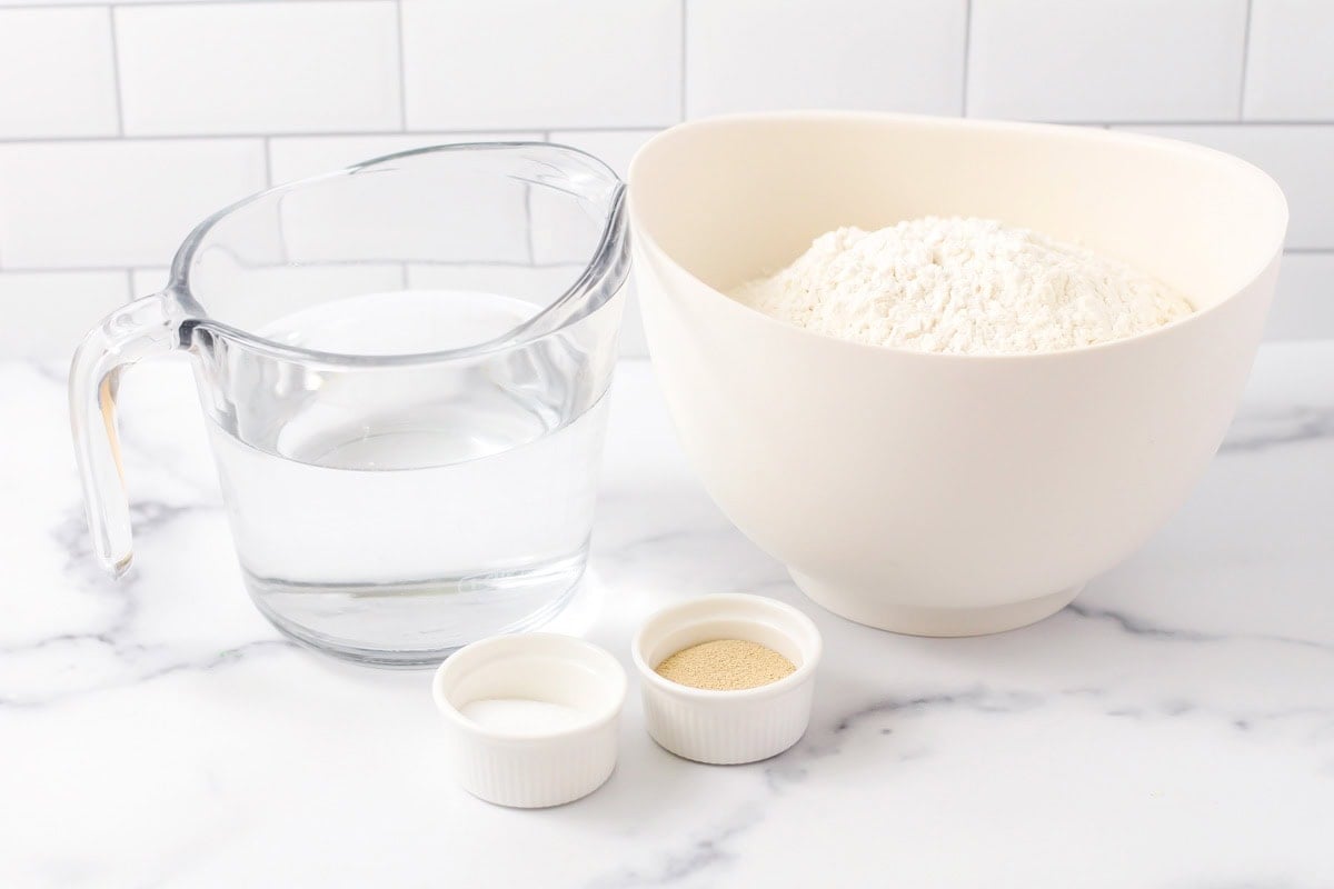 Ingredients for no knead bread on counter.