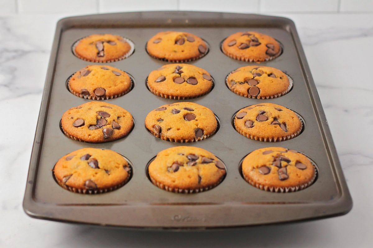 Baked muffins in a tin.