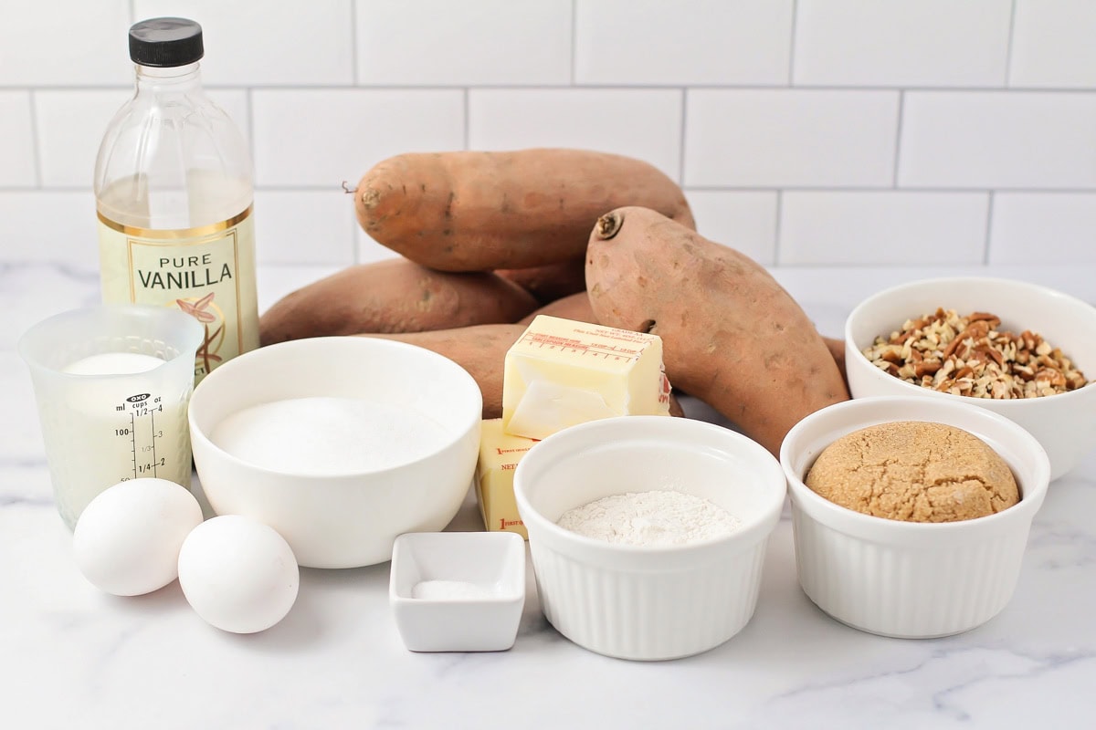 Ingredients for sweet potato side dish on a kitchen counter.