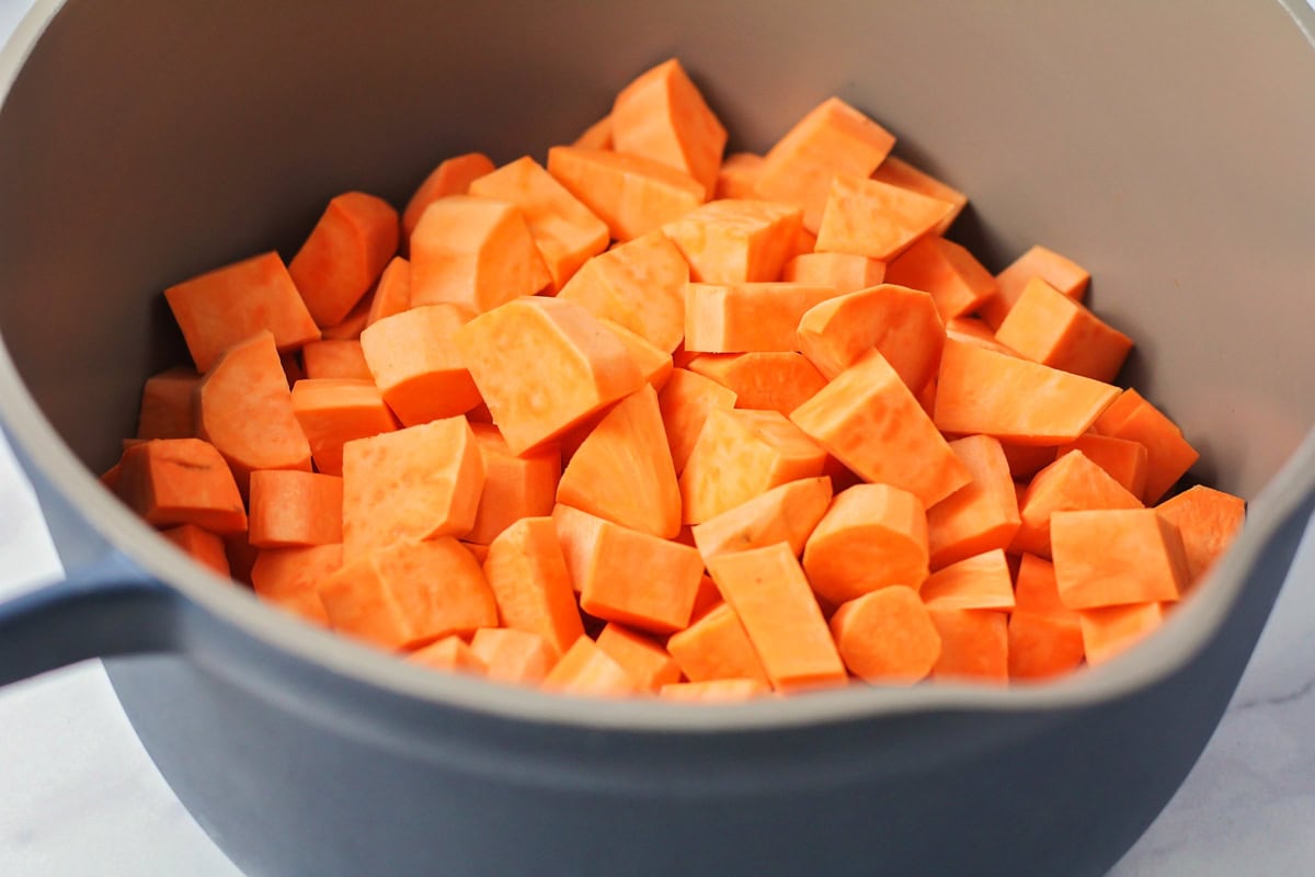 Cubed sweet potatoes in a gray bowl.