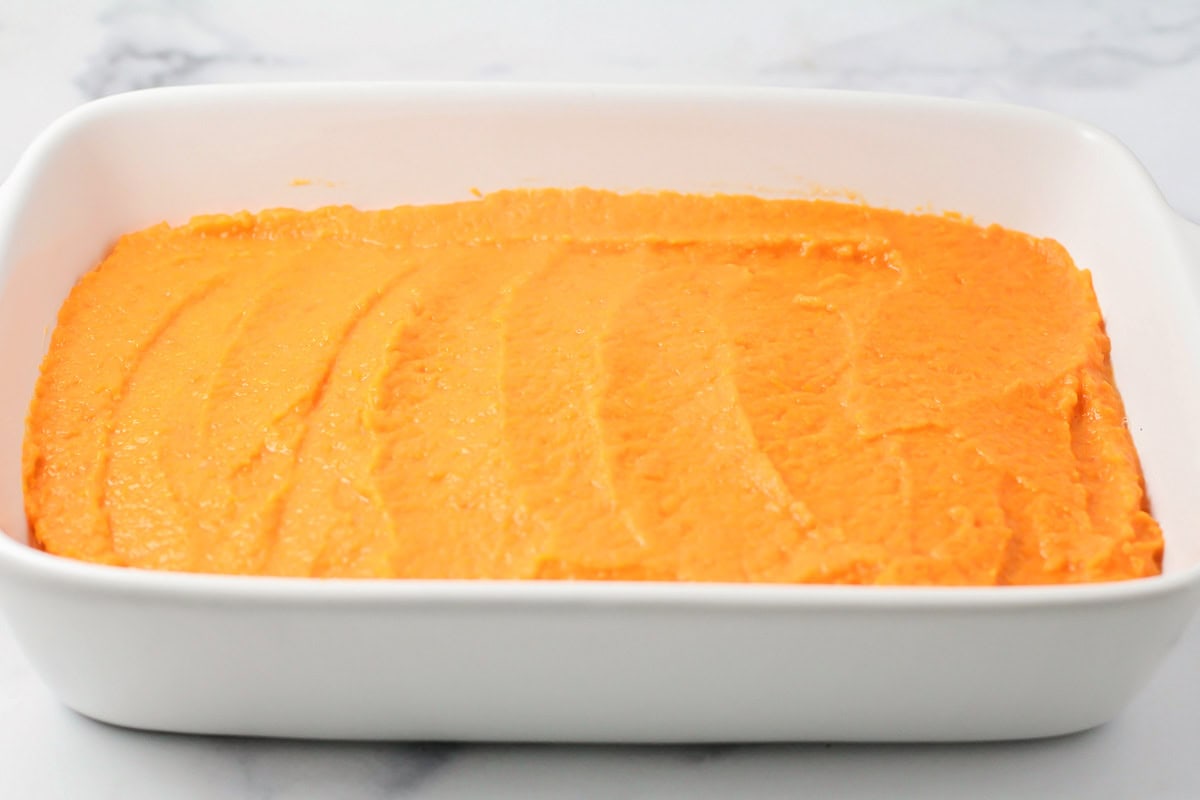 Sweet potato spread in a baking dish.